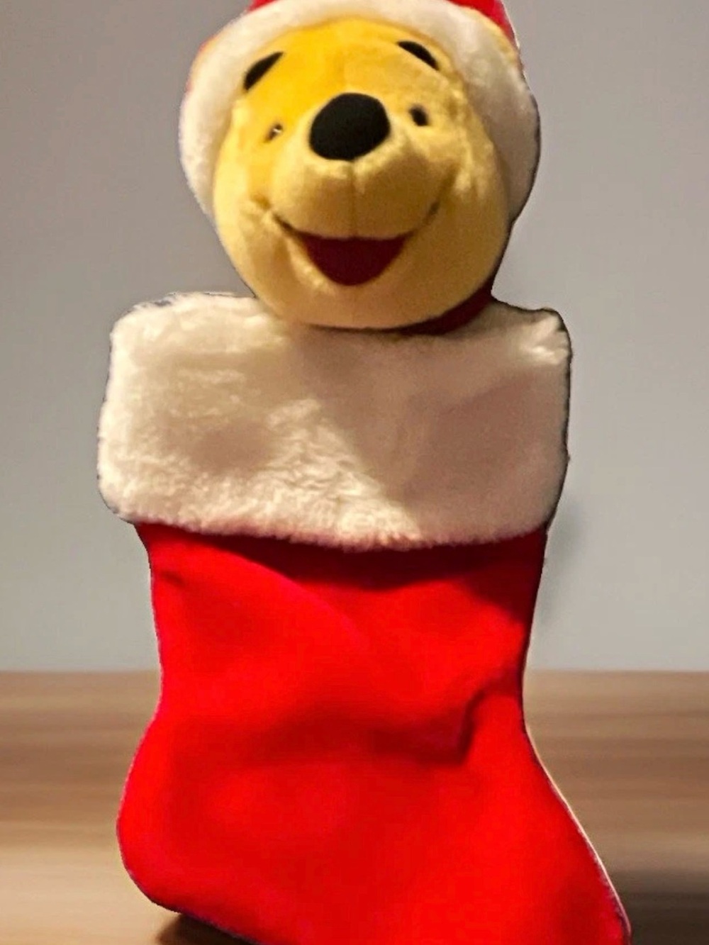 Vintage Disney Winnie The Pooh 3D Plush Head Christmas Stocking Santa Hat Red